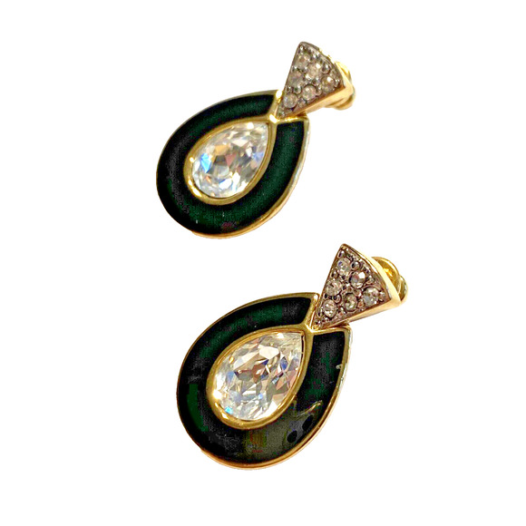 Dressy Pierced Earrings Classic Goldtone Black Enamel & Crystal Doorknocker Chic - Picture 3 of 5